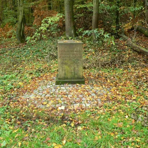 Ein Denkmal steht in einem Waldgebiet, umgeben von buntem Herbstlaub. Der Boden besteht aus kleinen Steinen und das Umfeld ist ruhig und naturbelassen.