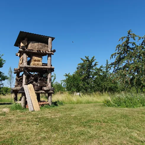 Ein hölzerner Aussichtspunkt steht in einer grünen Landschaft. Der Himmel ist klar und blau, umgeben von Bäumen und Wiese.