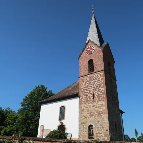 Eine Kirche mit einem hohen Turm und einem spitzen Dach. Der Himmel ist klar und blau, umgeben von Bäumen.