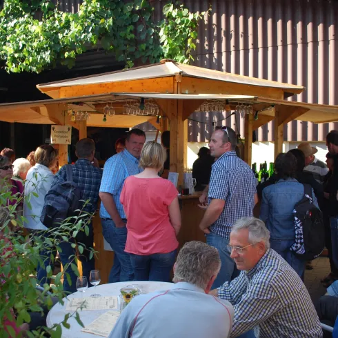 Eine lebhafte Veranstaltung im Freien mit vielen Menschen, die sich um eine Holzbar versammeln. Die Atmosphäre ist entspannt und freundlich, umgeben von Pflanzen und einem rustikalen Gebäude.