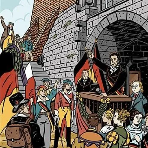 Eine historische Szene mit Menschen in traditioneller Kleidung vor einer Burg. Eine Person hält eine Rede und mehrere Flaggen sind sichtbar.
