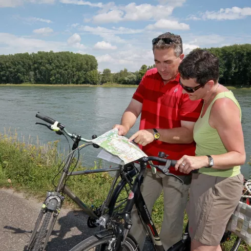 Radler am Rhein beim Karte Studieren