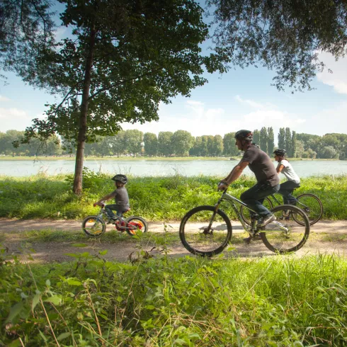 Familie auf Radtour am Rheinufer