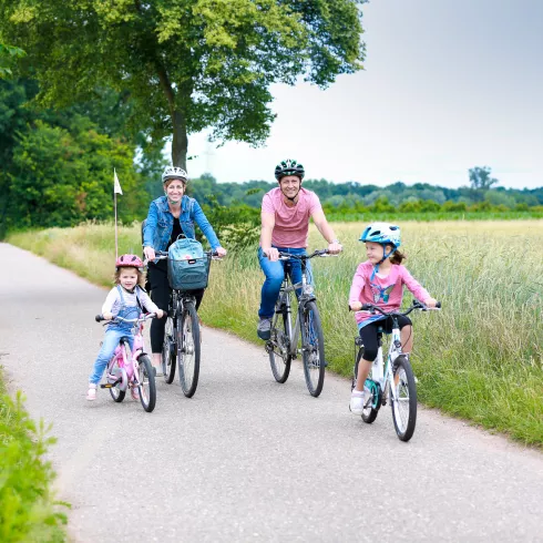 Familie radelt durch die Felder der Südpfalz.