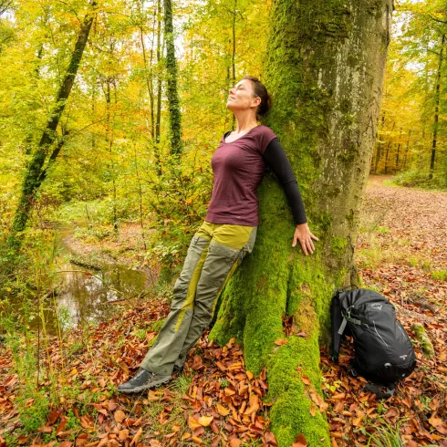 Wanderer genießt die Ruhe im Wald.