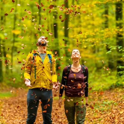 Wanderer im Blätterregen